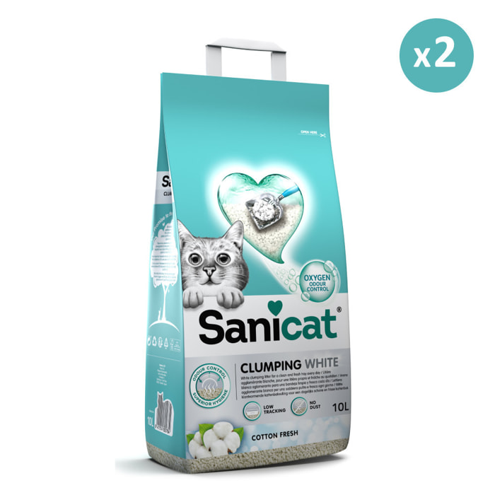 Litiere Sanicat Agglomérante blanche oxygène actif coton frais - 2 x 10L