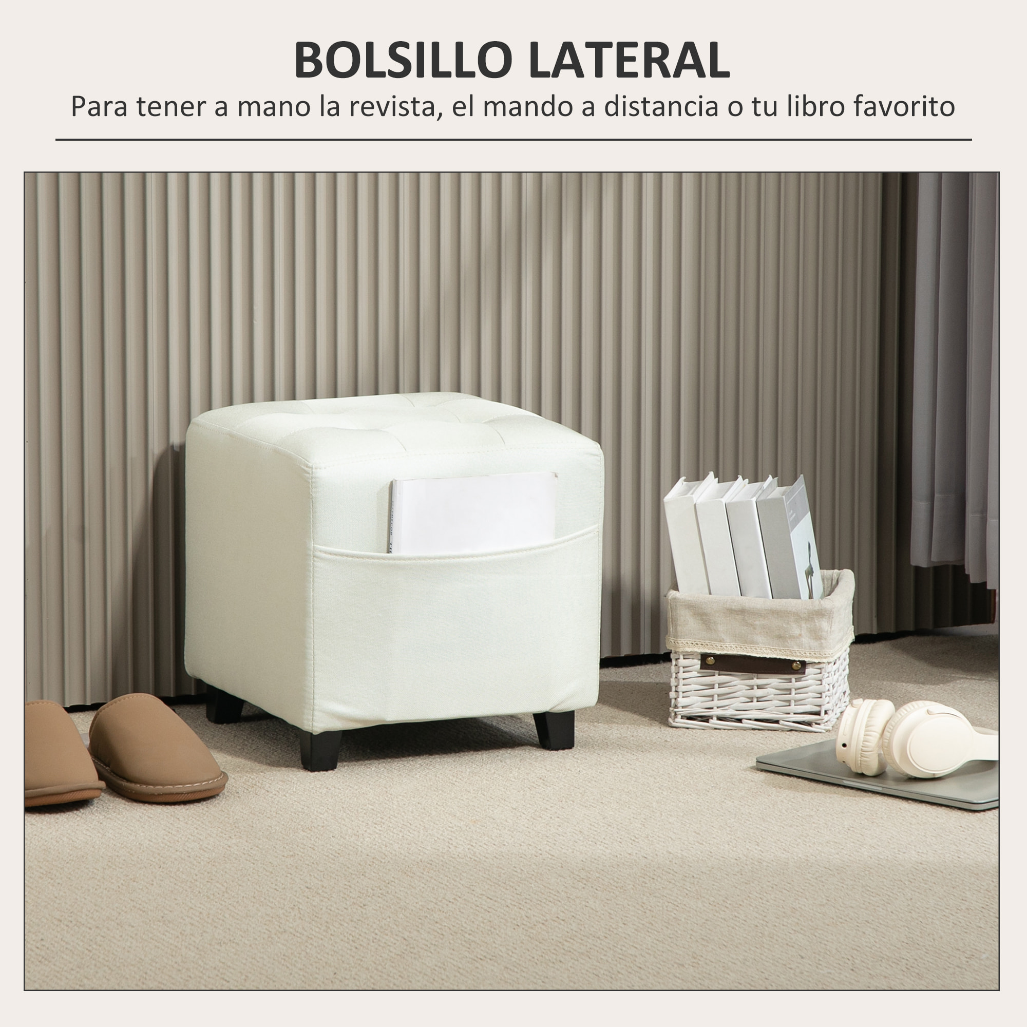Reposapiés de Salón Taburete Bajo Tapizado en Lino Otomana Cuadrada con Bolsillo Lateral Tapa con Botones Acolchados y Marco de Madera para Sala de Estar Dormitorio Crema
