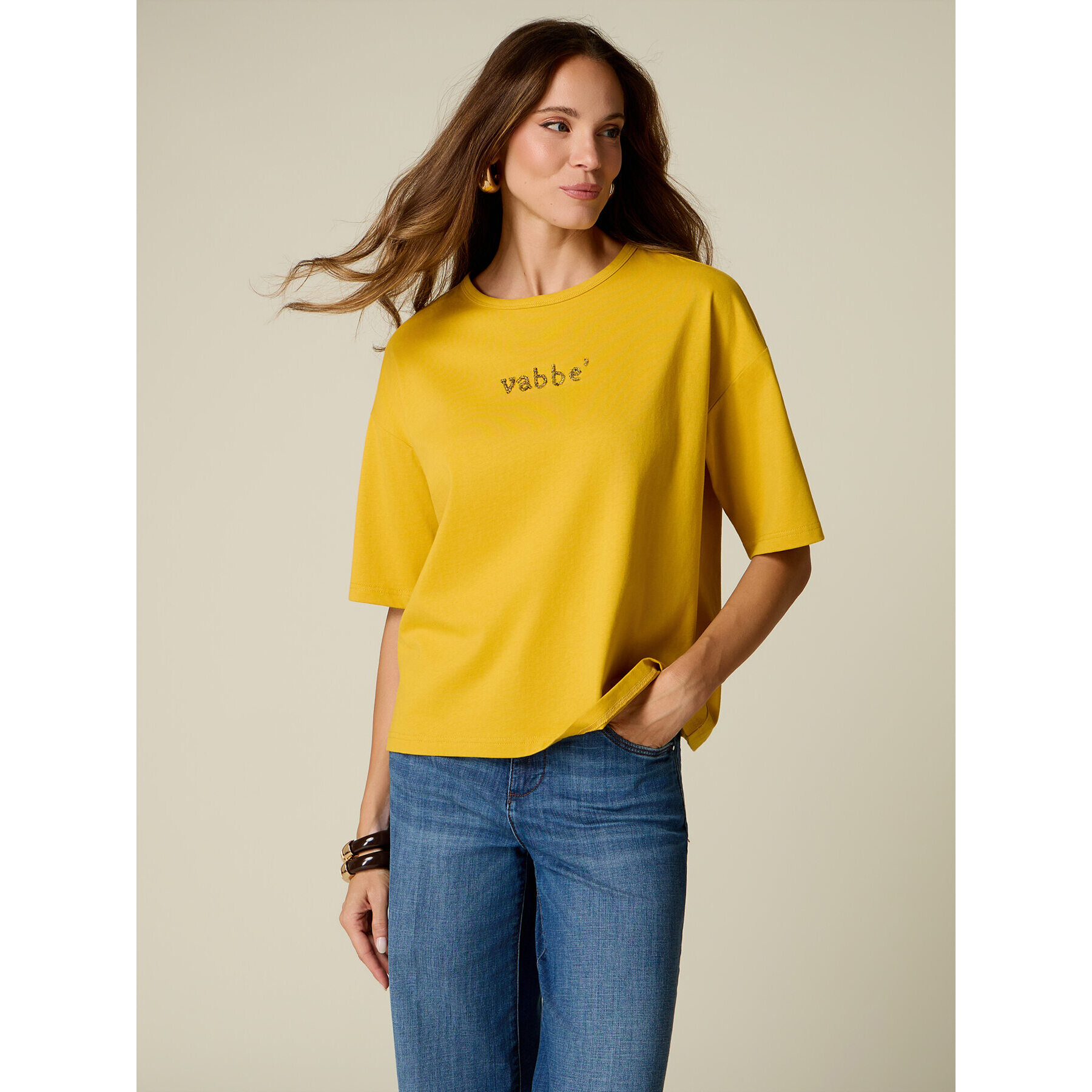 Oltre - T-shirt con ricamo lettering - Giallo
