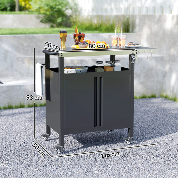 Desserte de jardin desserte plancha barbecue - 2 portes, tablette pliable, 3 crochets - acier noir acier inox