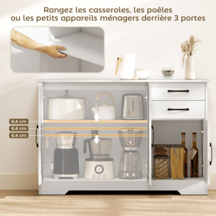 Buffet contemporain 3 portes étagère 2 tiroirs poignées métal noir effet bois blanc