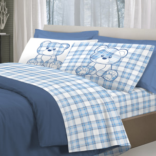 Completo letto tartan orsetto azzurro 100% cotone