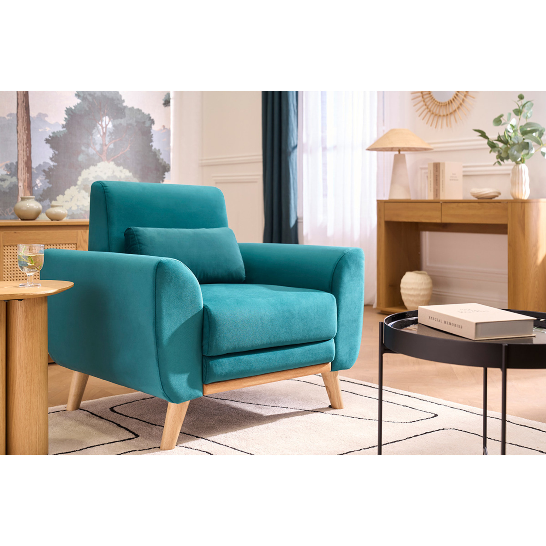 Fauteuil scandinave en tissu velours bleu pétrole et bois clair EKTOR