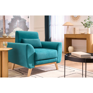 Fauteuil scandinave en tissu velours bleu pétrole et bois clair EKTOR