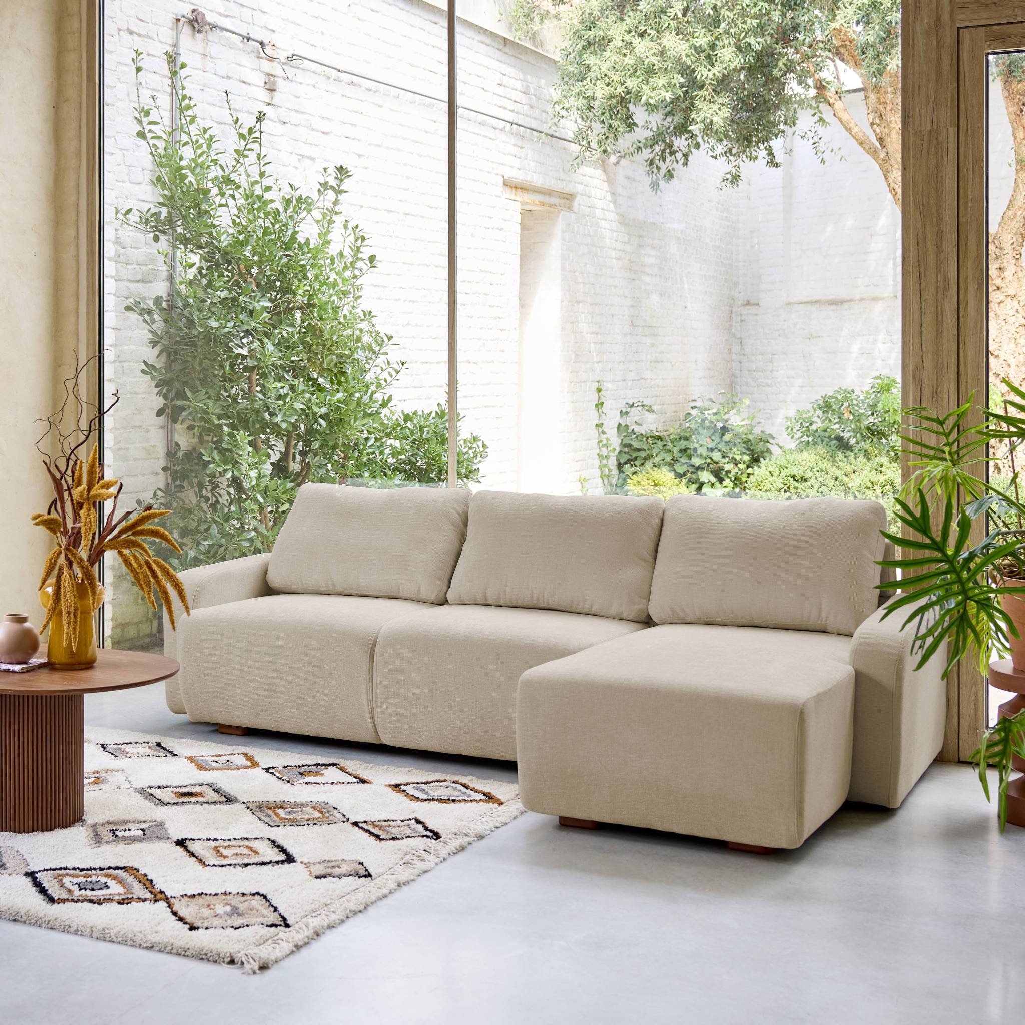 Canapé d'angle droite 3 places tissu beige L 260 x P 88 / 139cm / x H 87cm - Dany