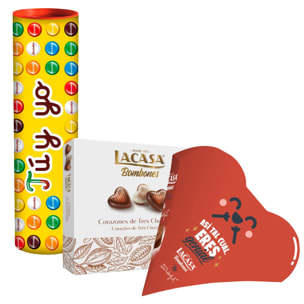 Set san valentín - megatubo lacasitos 1,5kg ''tú y yo'' + bombones corazon mr. wonderfull (color y frase sorpresa) - bombones corazón tres chocolates