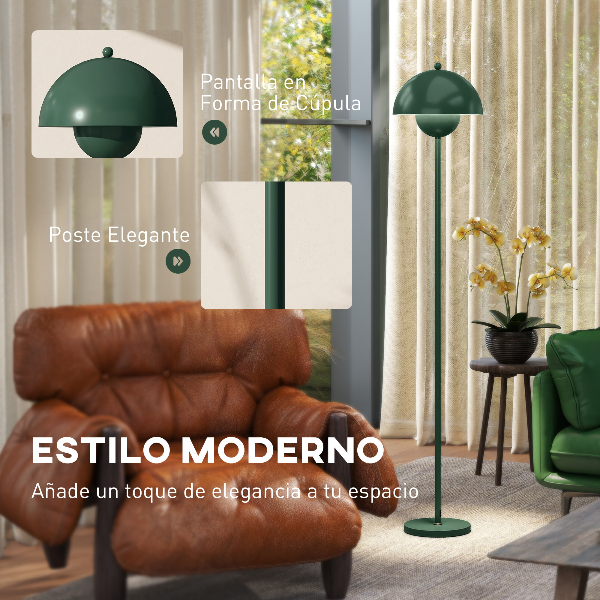 Lámpara de Pie Moderna 155 cm Lámpara de Pie para Salón con Pantalla de Cuenco Reflejando Luz Interruptor de Pie Casquillo E27 Sin Bombilla para Dormitorio Oficina Sala de Estar Verde