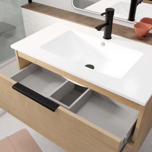 Meuble de Salle de Bains 60cm Suspendu Decor Bois Clair 2 Tiroirs - Vasque Blanche - ELEMENTARY