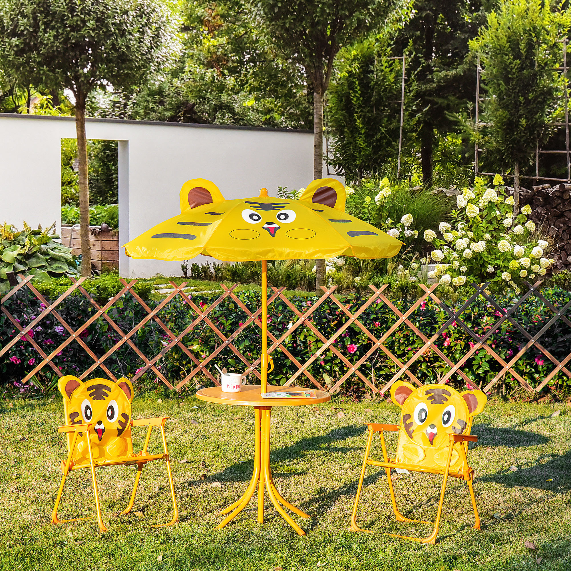 Ensemble salon de jardin enfant 4 pcs design tigre - table ronde + 2 chaises pliables + parasol - métal époxy oxford jaune