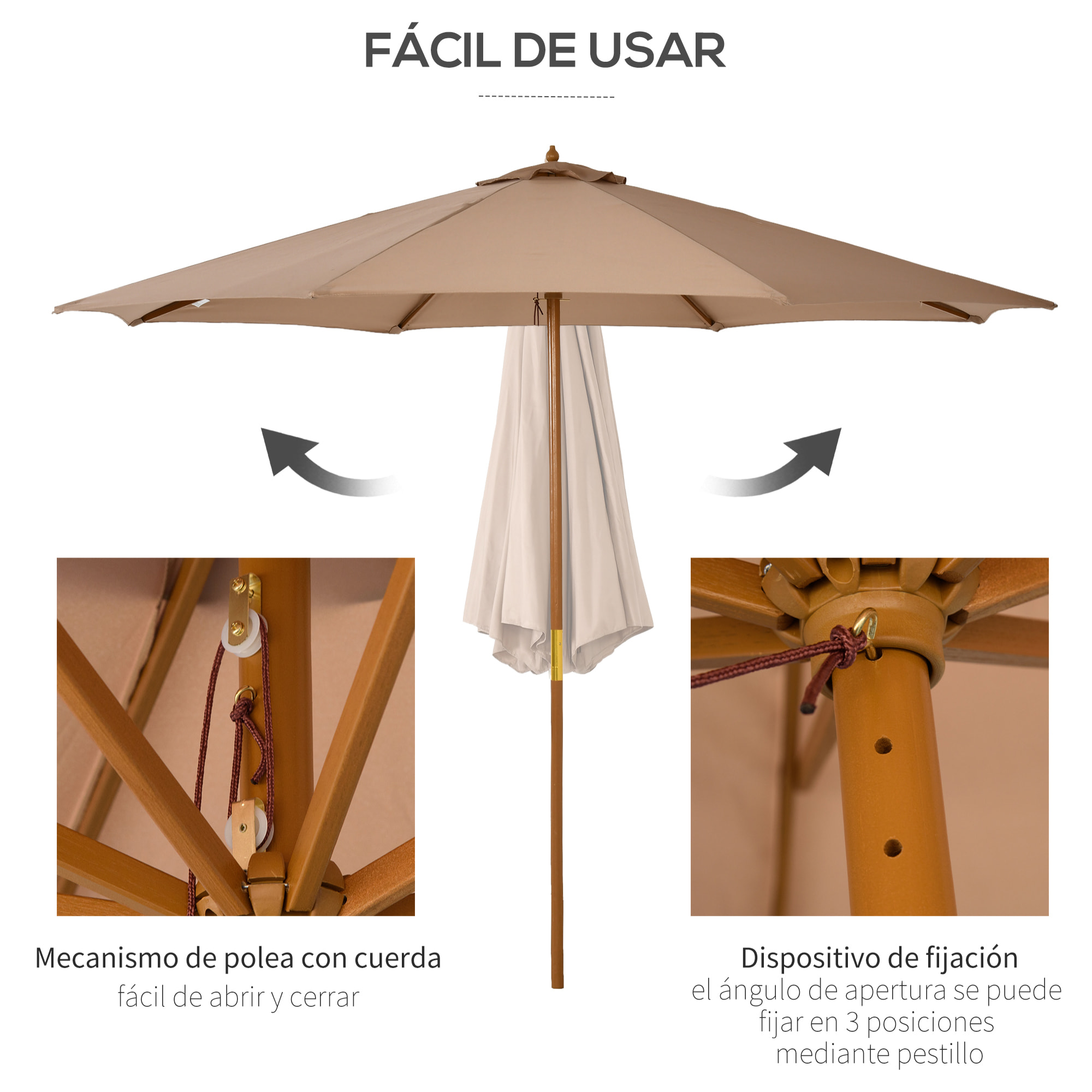 Sombrilla Terraza Exterior Ø300 cm Sombrilla de Jardín con Sistema de Polea Techo Ventilado y Poste Desmontable de Madera Parasol para Patio Terraza Caqui