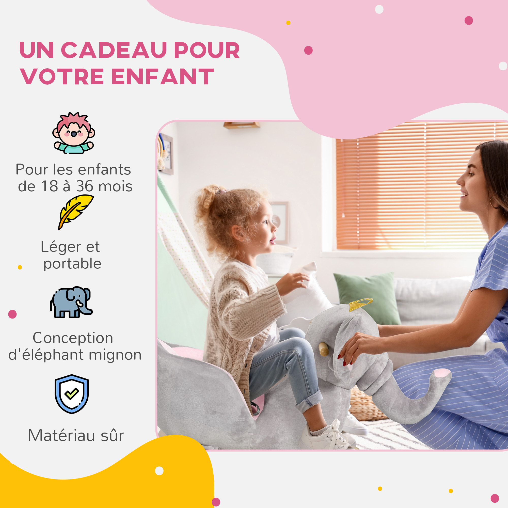 Jouet à bascule éléphant pour enfant +18 mois effet sonore poignées siège ceinture réglable gris