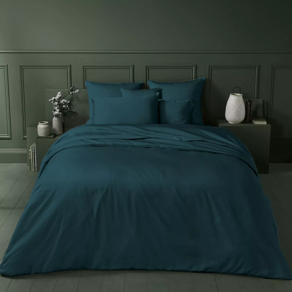 Drap plat satin de coton uni vert Ava uni crepuscule