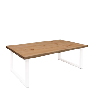 Mesa de centro de madera maciza acabado roble oscuro con patas de hierro blancas de 40x100cm Alto: 40 Largo: 100 Ancho: 60