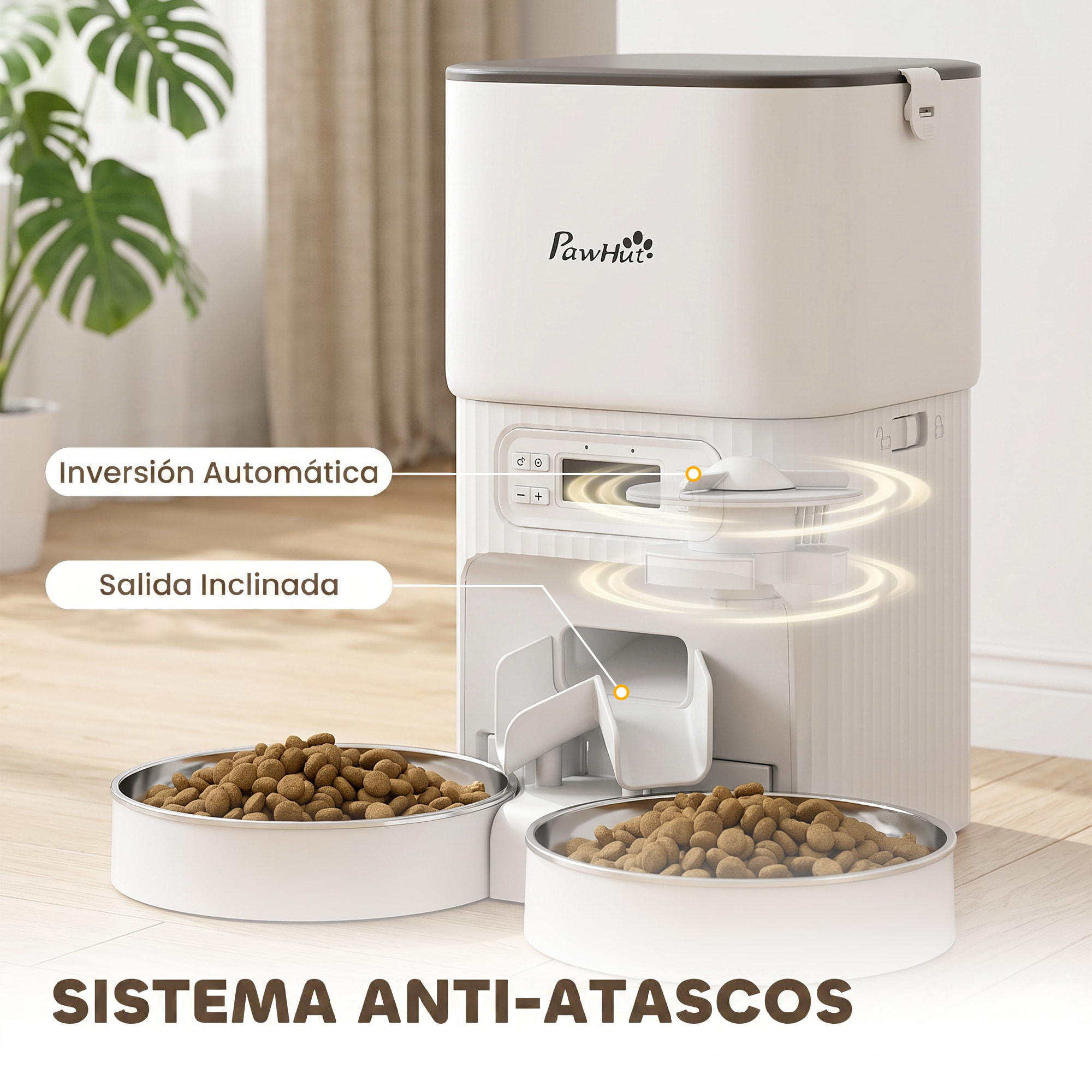 Comedero Gato Automático 4L, Dispensador Comida para Gatos/Perros con 1-6 Comidas al Día, 2 Cuencos de Acero Inoxidable, Antiatascos, 2 Fuentes de Alimentación, Fácil de Limpiar, Blanco
