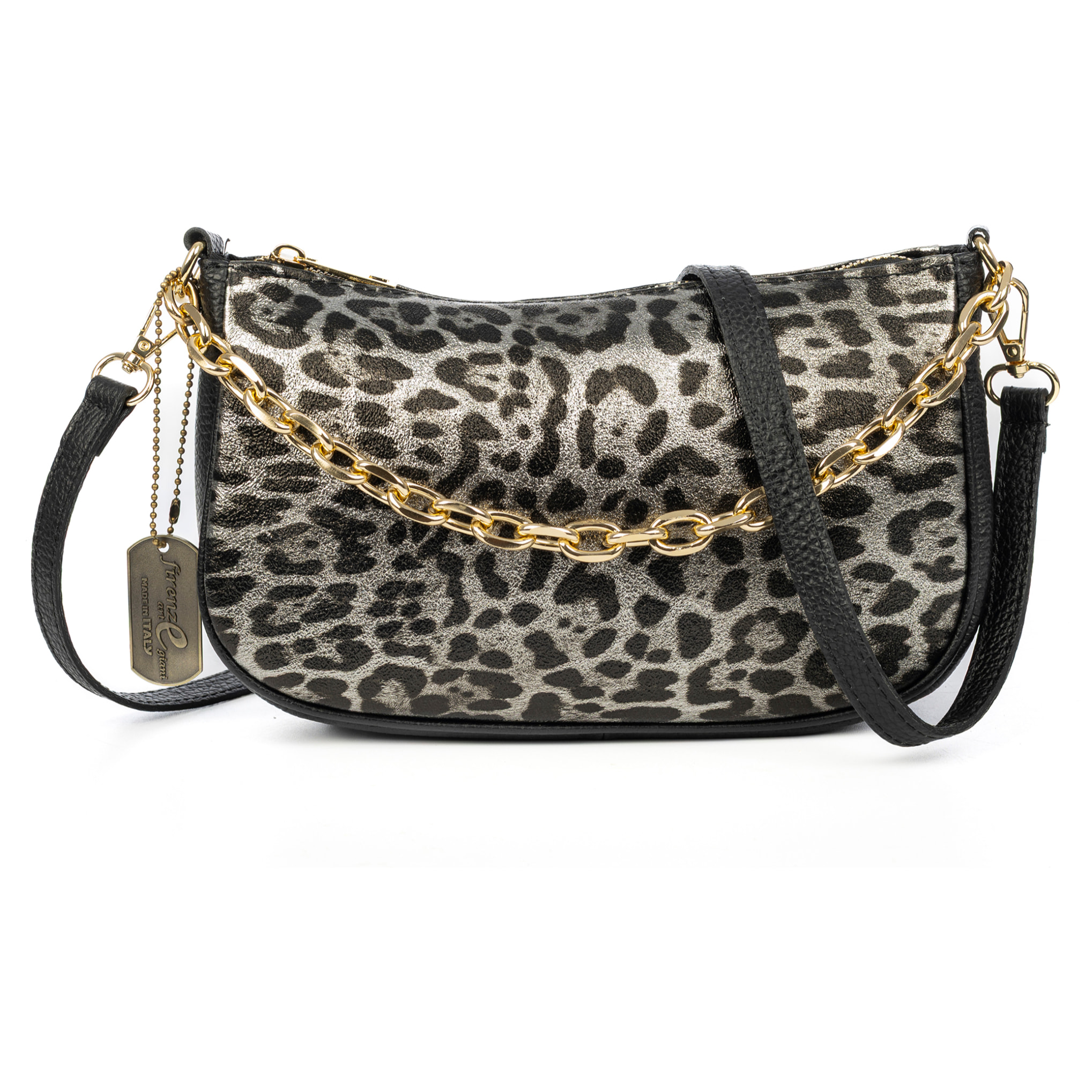 Avella bolso bandolera mujer, de piel auténtica Gamuza lacada con estampado de animal print leopardo, Dollaro.