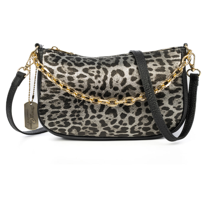 Avella bolso bandolera mujer, de piel auténtica Gamuza lacada con estampado de animal print leopardo, Dollaro.
