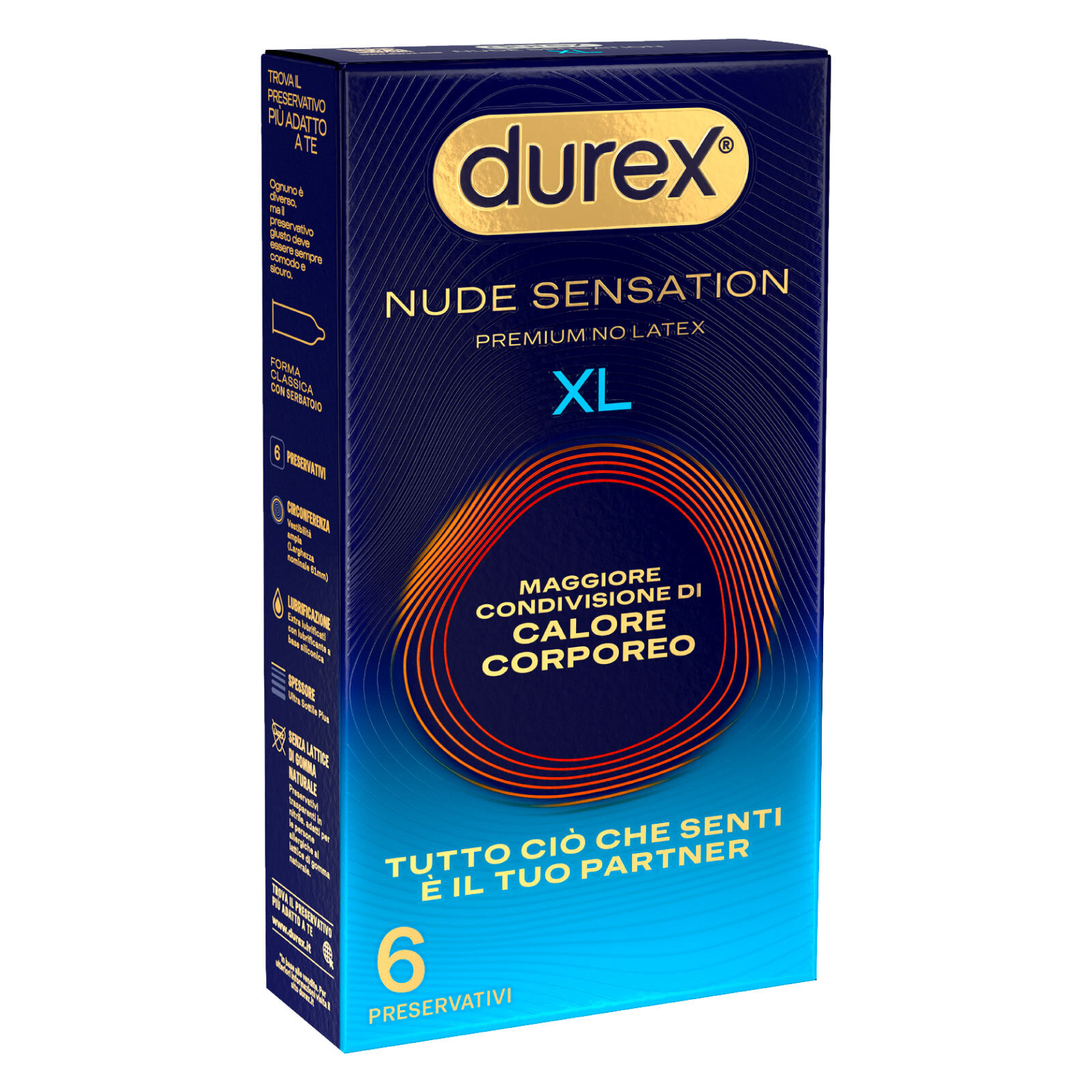 Preservativi Nude Sensation XL Premium No Latex Alta Sensibilità Anallergici Senza Lattice Forma Classica - 6 Profilattici
