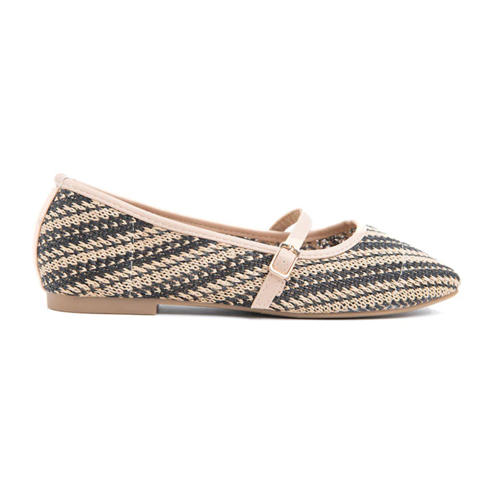 Ballerina in rafia con cinturino - NERO/BEIGE