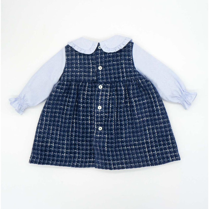 Vestido tweed con las mangas y cuello oxford en azul