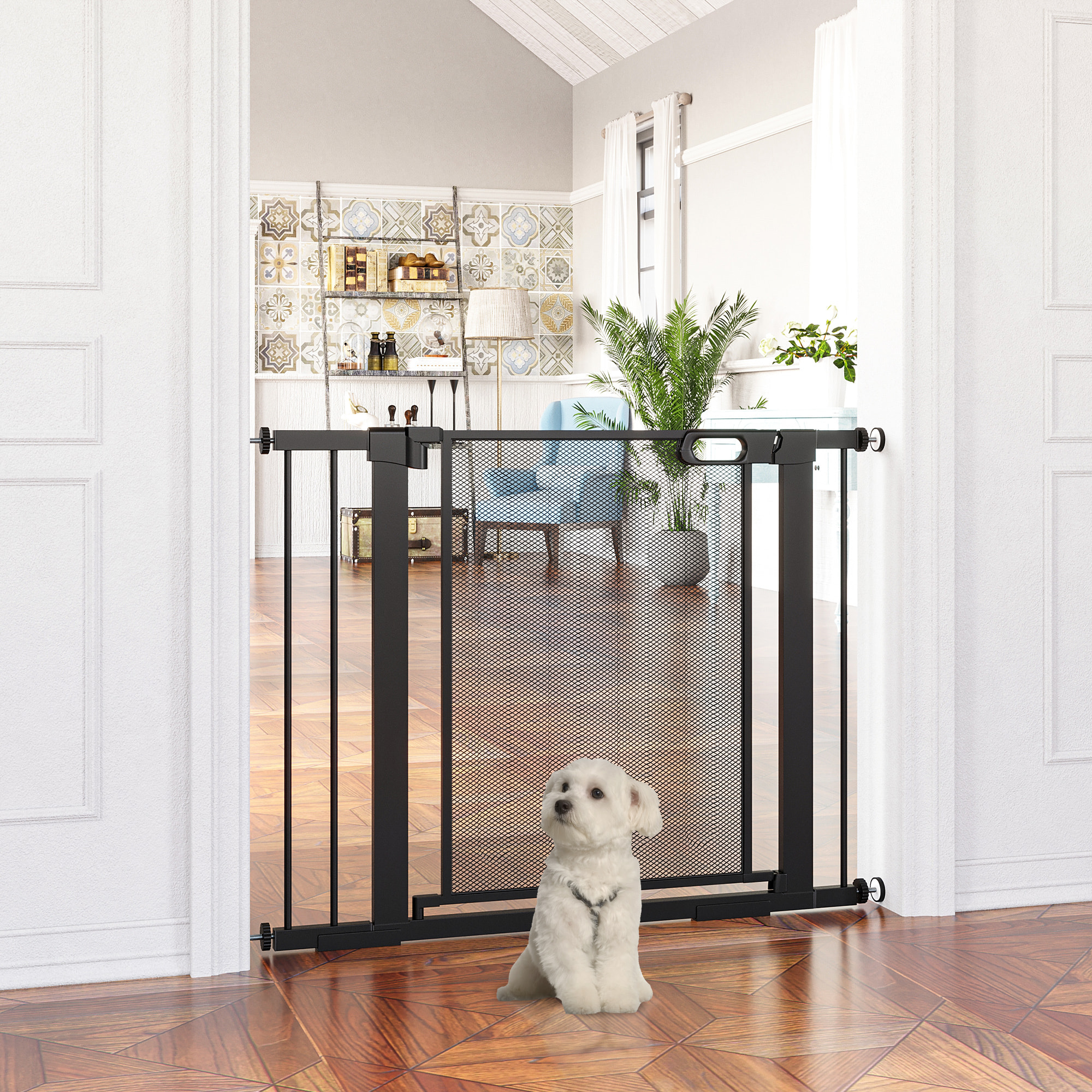 Barrière de sécurité animaux - longueur réglable dim. 75-103 cm - porte double verrouillage, ouverture double sens -sans perçage - acier ABS noir