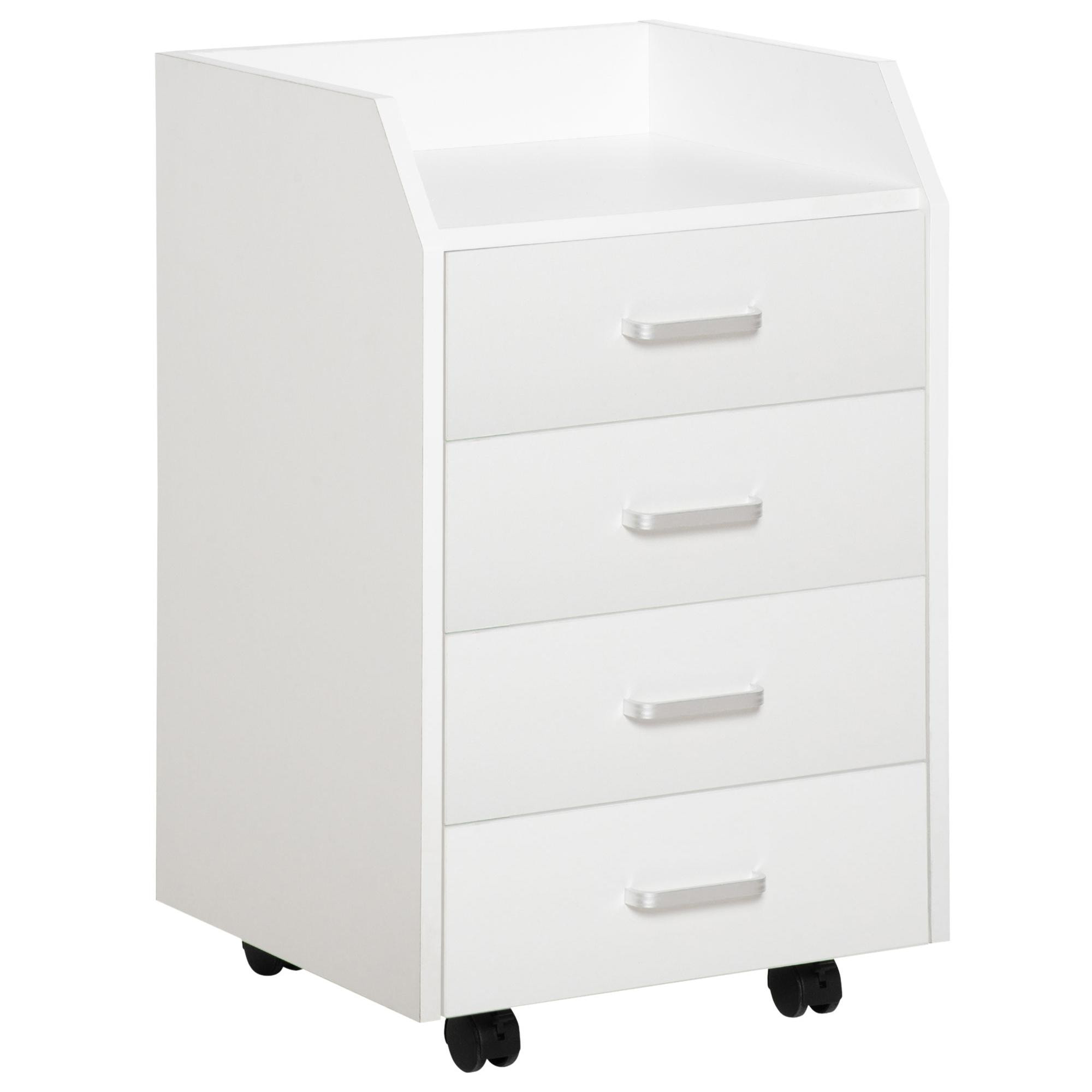 Cajonera de Oficina Mueble Auxiliar para Archivos con 4 Cajones Encimera Superior de Almacenaje 4 Ruedas y 2 Frenos para Estudio Despacho 40x36x65 cm Blanco