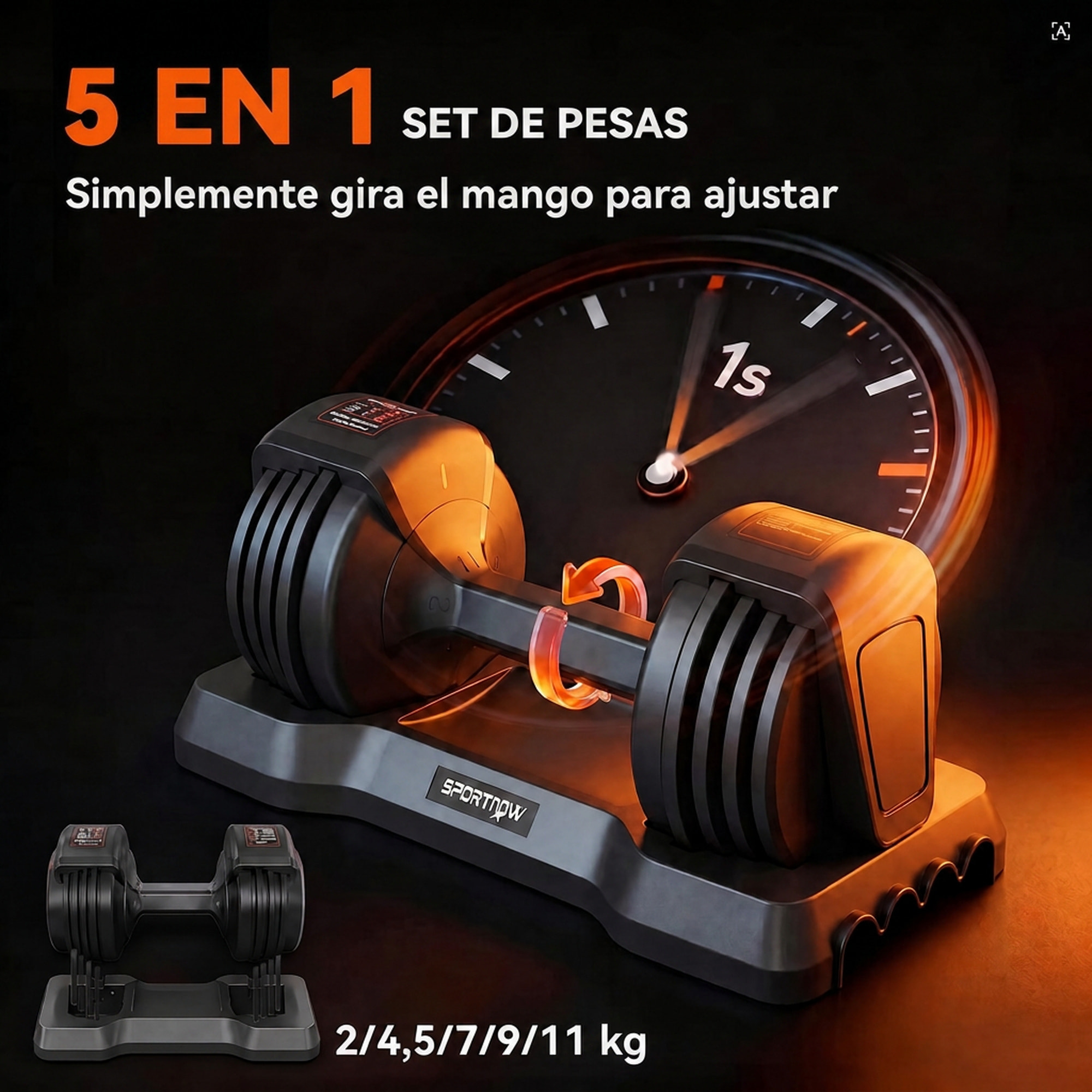 SPORTNOW Mancuerna Ajustable 11 kg con 5 Niveles de Peso, Pesas y Mancuernas, Sistema de Ajuste Rápido, Bloqueo de Seguridad, Agarre Antideslizante y Base, para Entrenamiento en Casa, Gimnasio