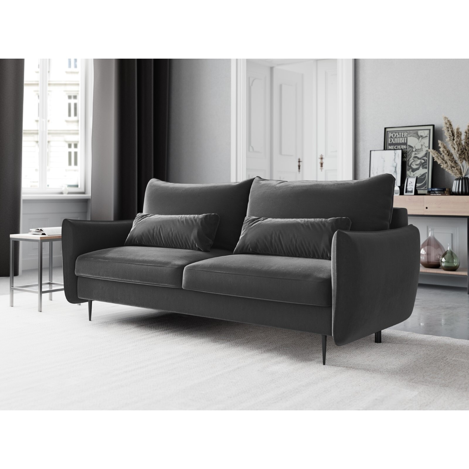 Canapé convertible avec coffre de rangement "Vermont" 3 places en velours gris foncé