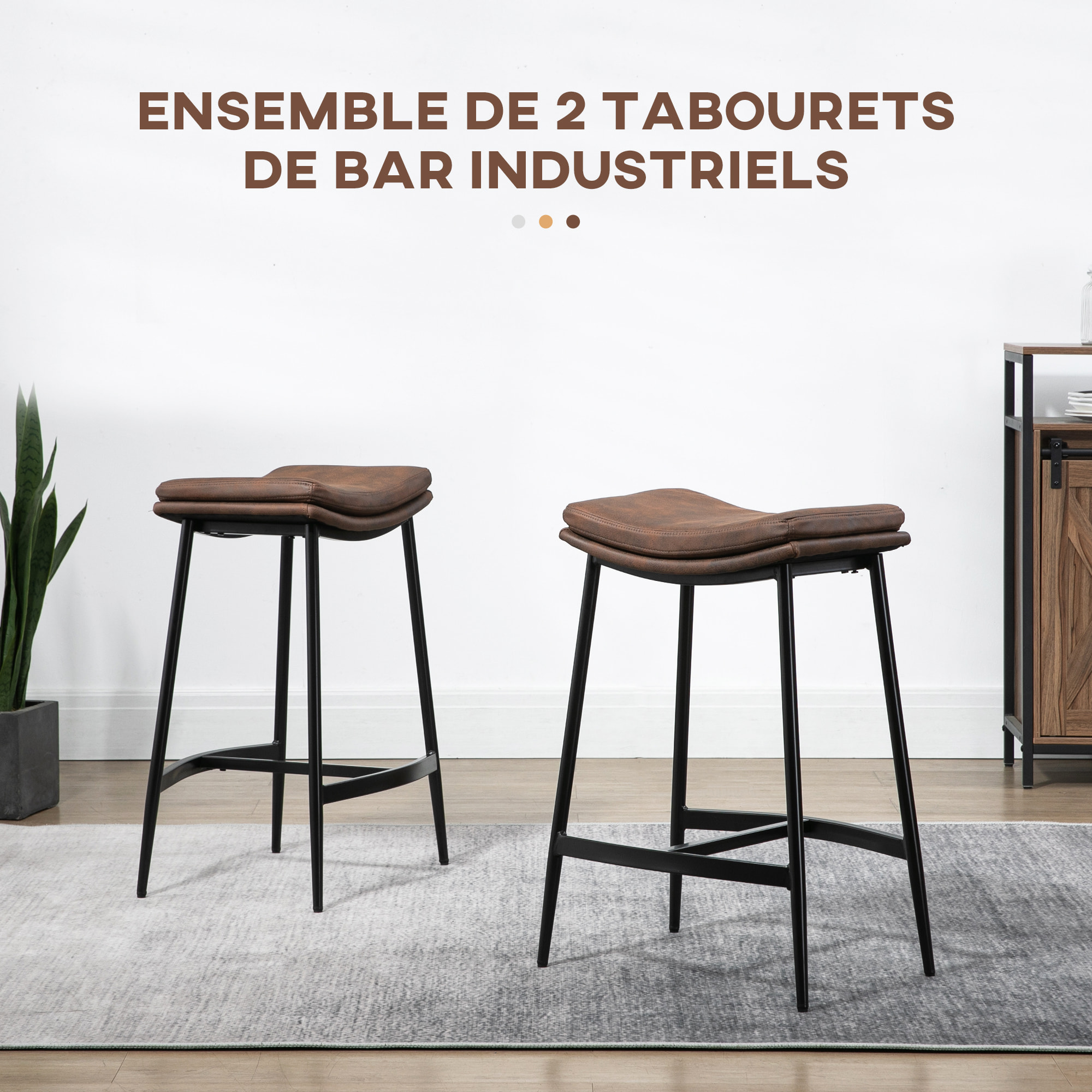 Lot de 2 tabourets de bar Vintage avec repose-pied piètement acier noir assise incurvée tissu marron effet vieilli