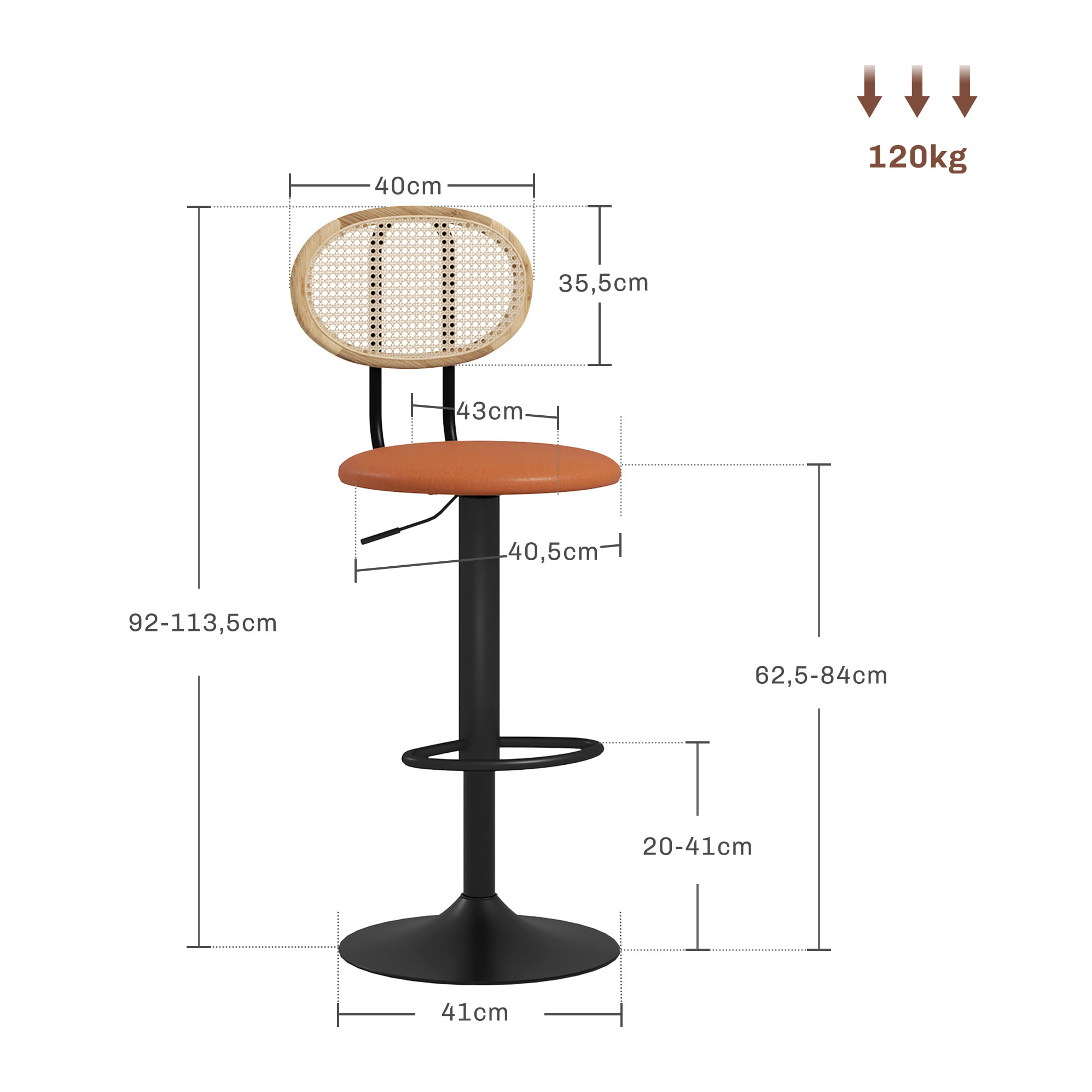 Lot de 2 tabourets de bar design néo-rétro - hauteur réglable, pivotant - acier PU rotin