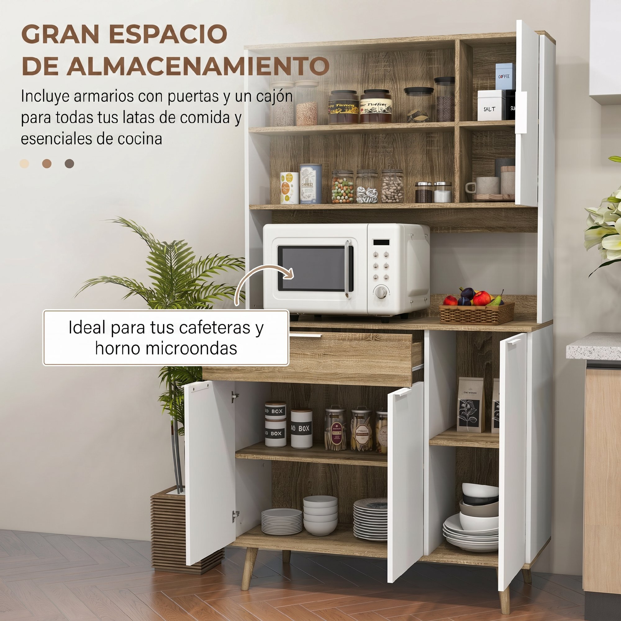 Alacena de Cocina Alta, Mueble Auxiliar de Cocina con 4 Puertas, Estantes Ajustables, Cajón, Compartimentos Abiertos, 98x39x180 cm, Blanco y Natural