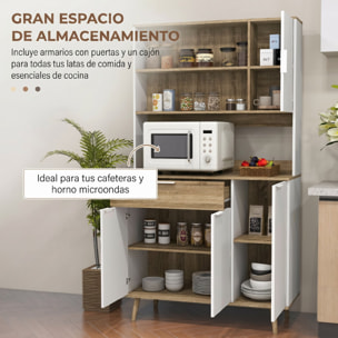 Alacena de Cocina Alta, Mueble Auxiliar de Cocina con 4 Puertas, Estantes Ajustables, Cajón, Compartimentos Abiertos, 98x39x180 cm, Blanco y Natural