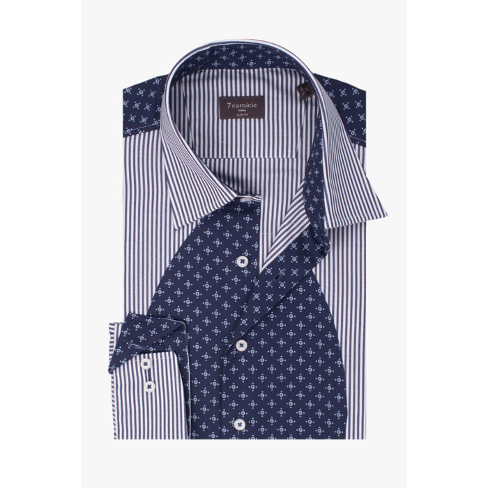 Camicia Uomo Bottone Italiano Slim Popeline Riga Larga Bianco e Blu
