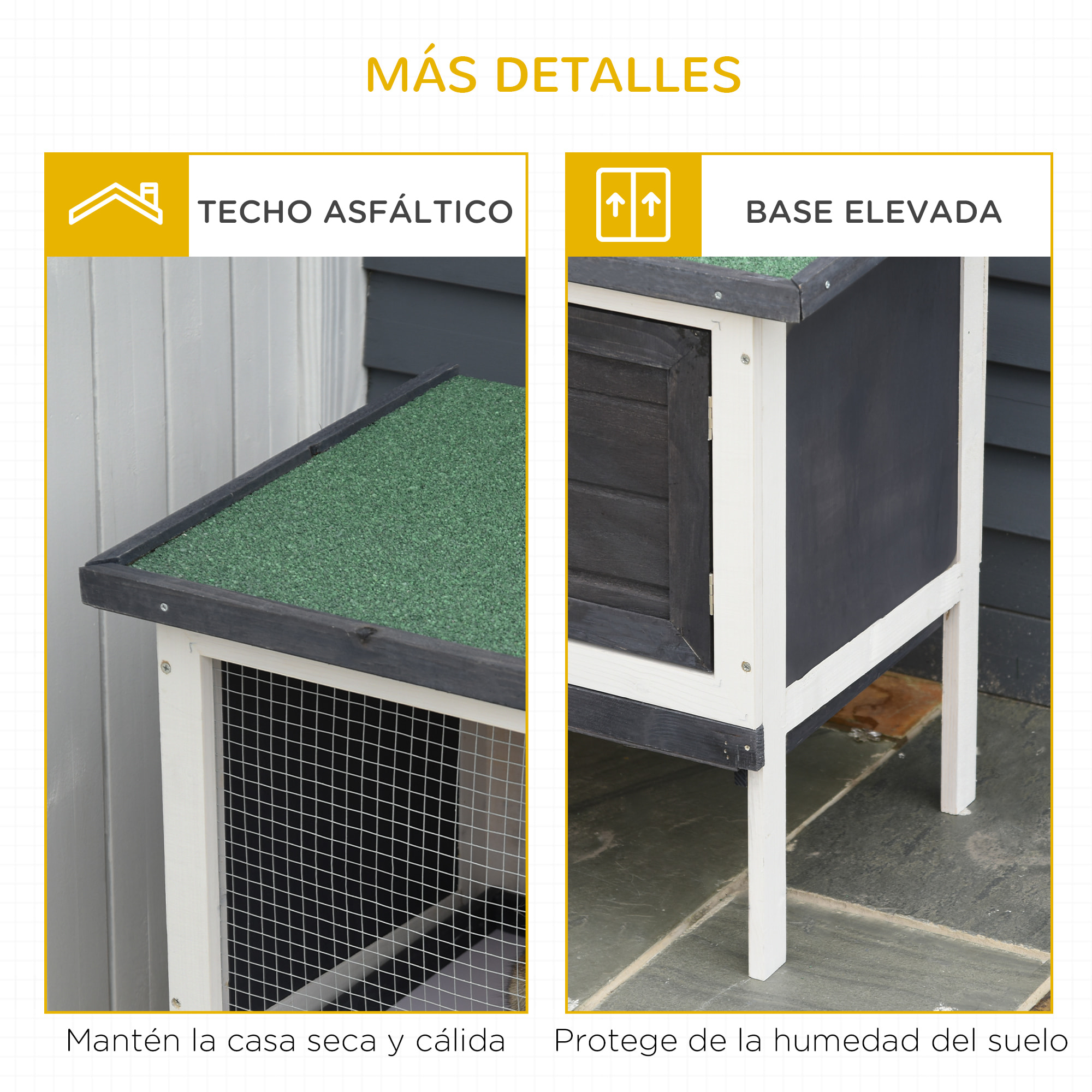 Conejera de Madera Exterior Jaula Elevada para Conejos Cobayas Animales Pequeños con Techo Asfáltico Abatible Bandejas Extraíbles y Puerta con Pestillo 90x45x65 cm Negro