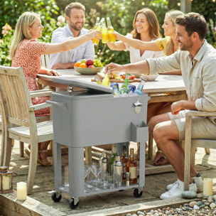 Carrito Nevera de 76L con Ruedas, Carro de Bebidas con Estante, Abrebotellas, Recogetapas, Drenaje y 2 Asas, Mesa Nevera Jardín Exterior para Patio, Fiesta, BBQ, 92x39x81 cm, Plateado