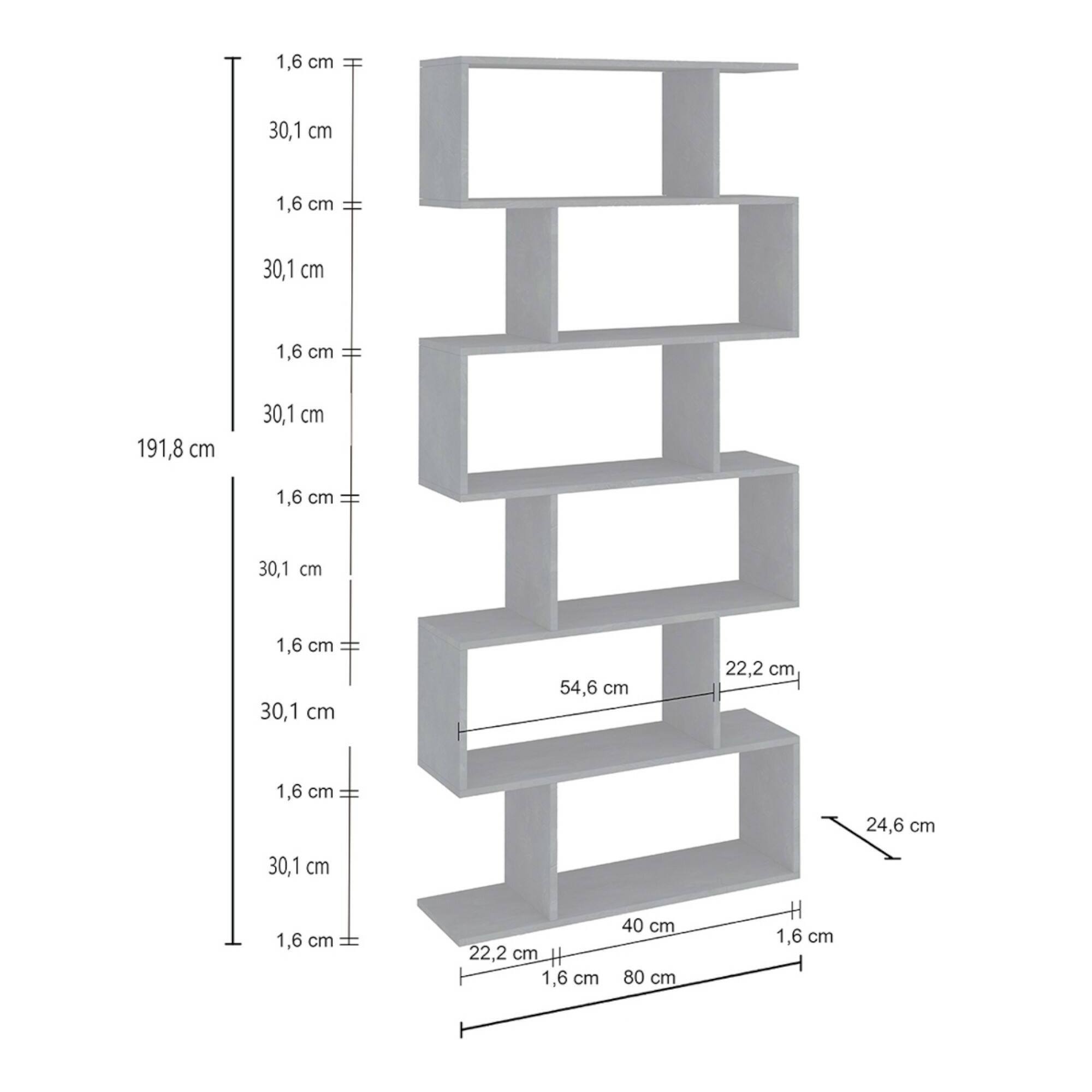 Libreria alta a zig zag a 6 scaffali aperti, Made in Italy, Scaffale per libri e documenti, Libreria da ufficio, cm 80x25h192, colore Grigio Cenere