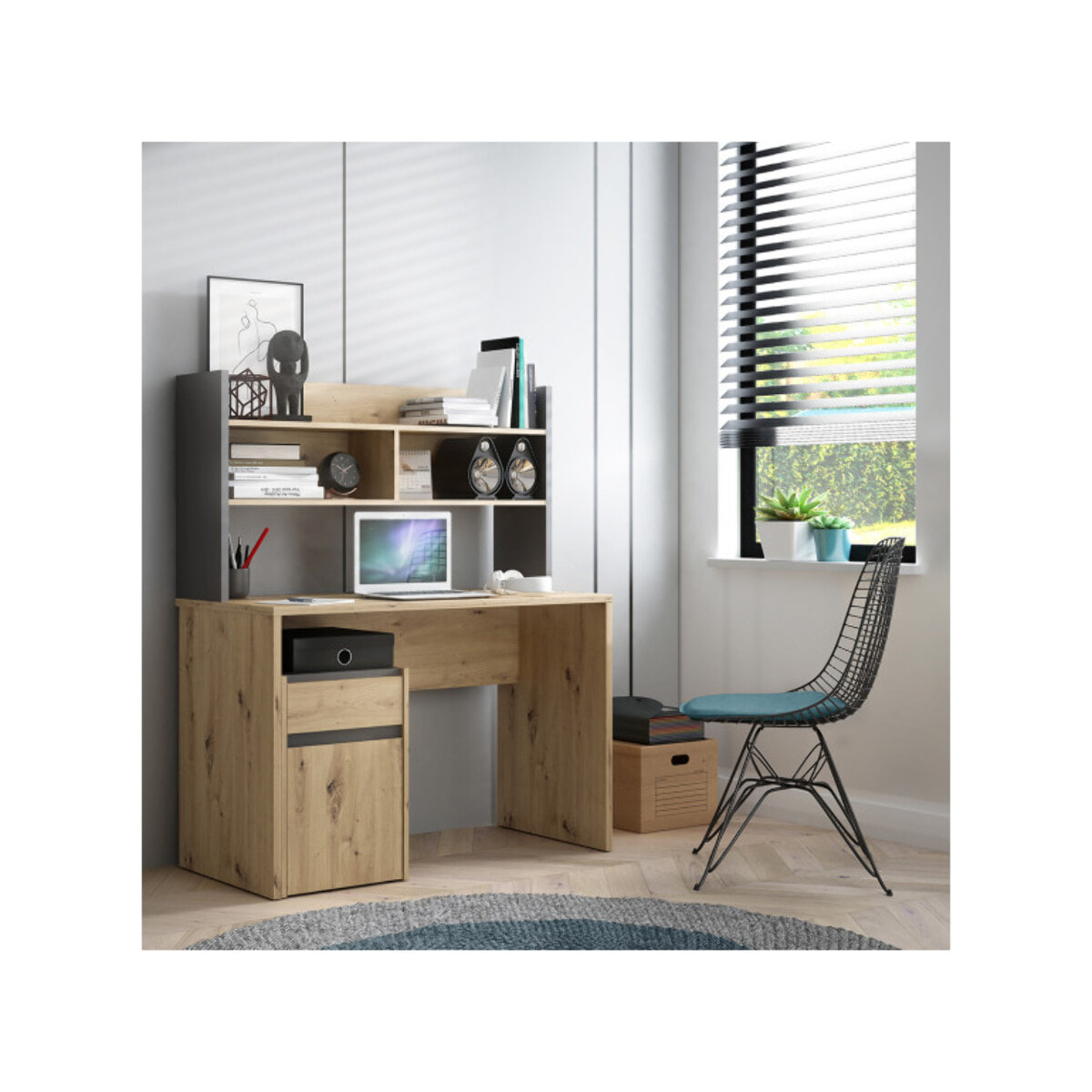 Sur-meuble de bureau avec rangements effet bois et gris foncé - L 110 CM -KIAKA