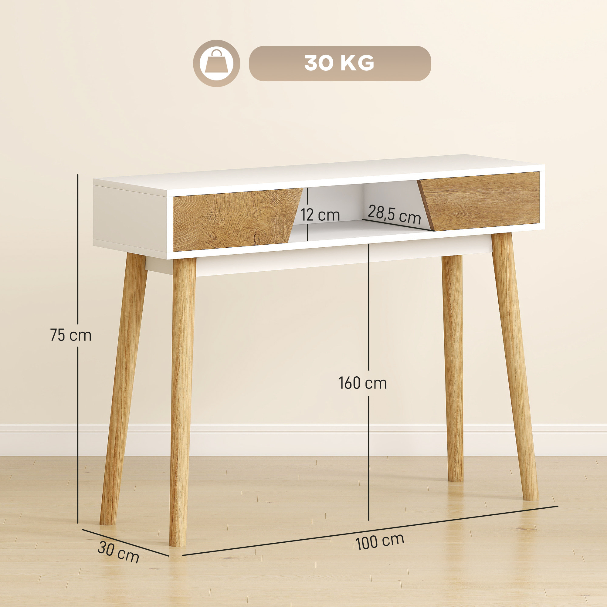 Mesa de Consola Estrecha Consola de Recibidor Mesa de Sofá Moderna con 2 Cajones Compartimento y Patas de Madera para Pasillo Entrada Salón Dormitorio Blanco