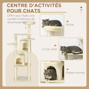 Arbre à chat modulable - griffoirs, 2 niches, 4 plateformes, 2 boules suspendues - peluche douce beige