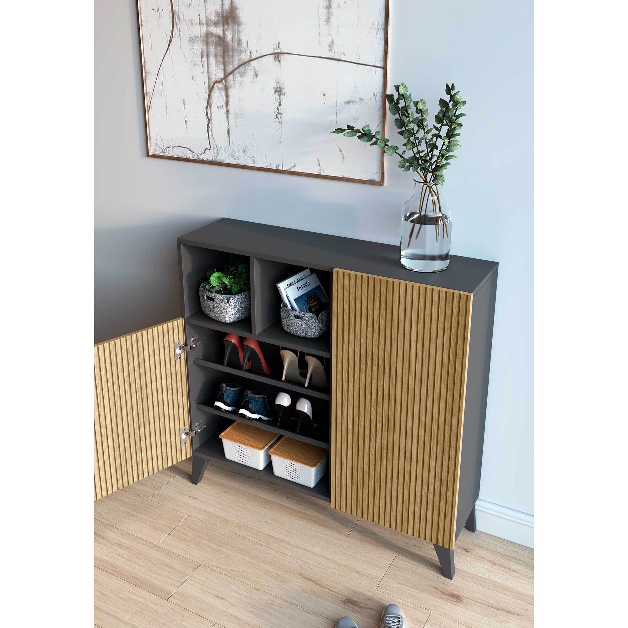 Zapatero Moss melamina grafito puertas impresión vallado 87x90x27 cm