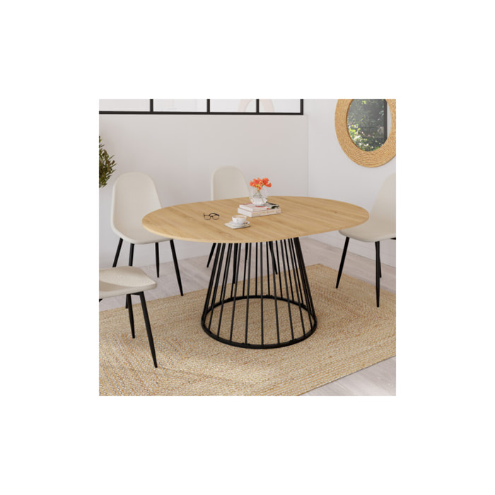 Table repas Adelle plateau rond extensible et pied filaire noir - Bois / Noir