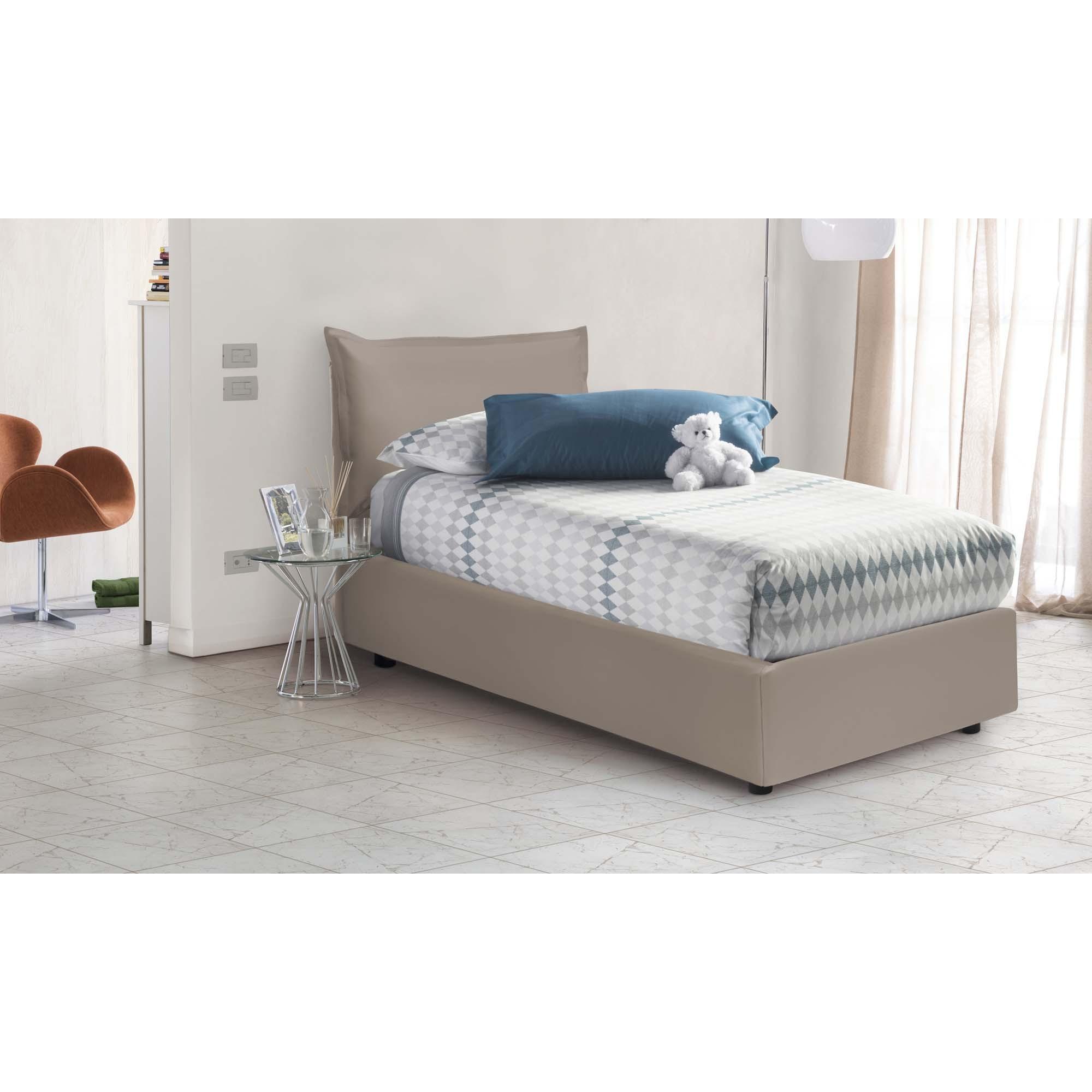 Letto singolo Marianna, Letto contenitore con rivestimento in ecopelle, 100% Made in Italy, Apertura laterale, con materasso Cm 80x190 incluso, Tortora