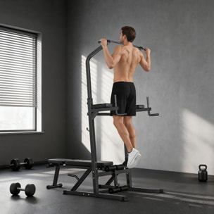 HOMCOM Estación de Musculación Torre de Entrenamiento Altura Ajustable con Barra de Dominadas y Banco Plegable para Fitness en Casa Gimnasio Carga 150 kg 99x178x230 cm Negro