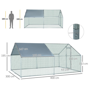 Gallinero Exterior Grande de Metal Galvanizado 3x4x1,95 m Jaula de Aves con Puerta Cubierta de Tela Oxford Resistente a los Rayos UV y al Agua para Patio Plata