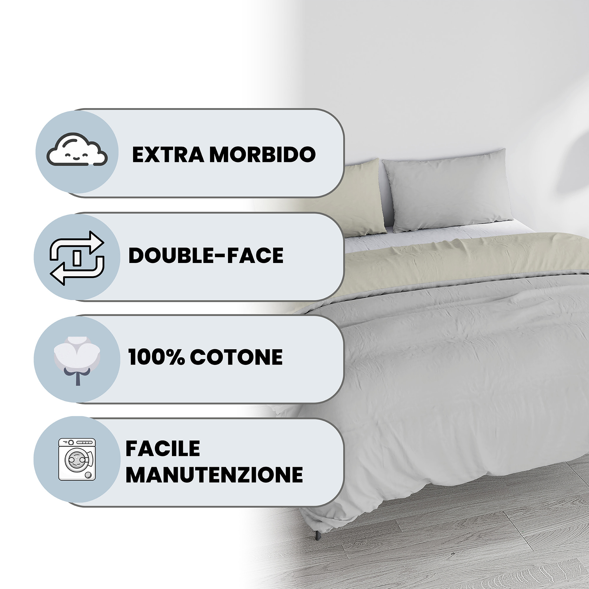 PARURE COPRIPIUMINO NATURAL COLOR, 100% Cotone, Made in Italy - GRIGIO CHIARO/PANNA