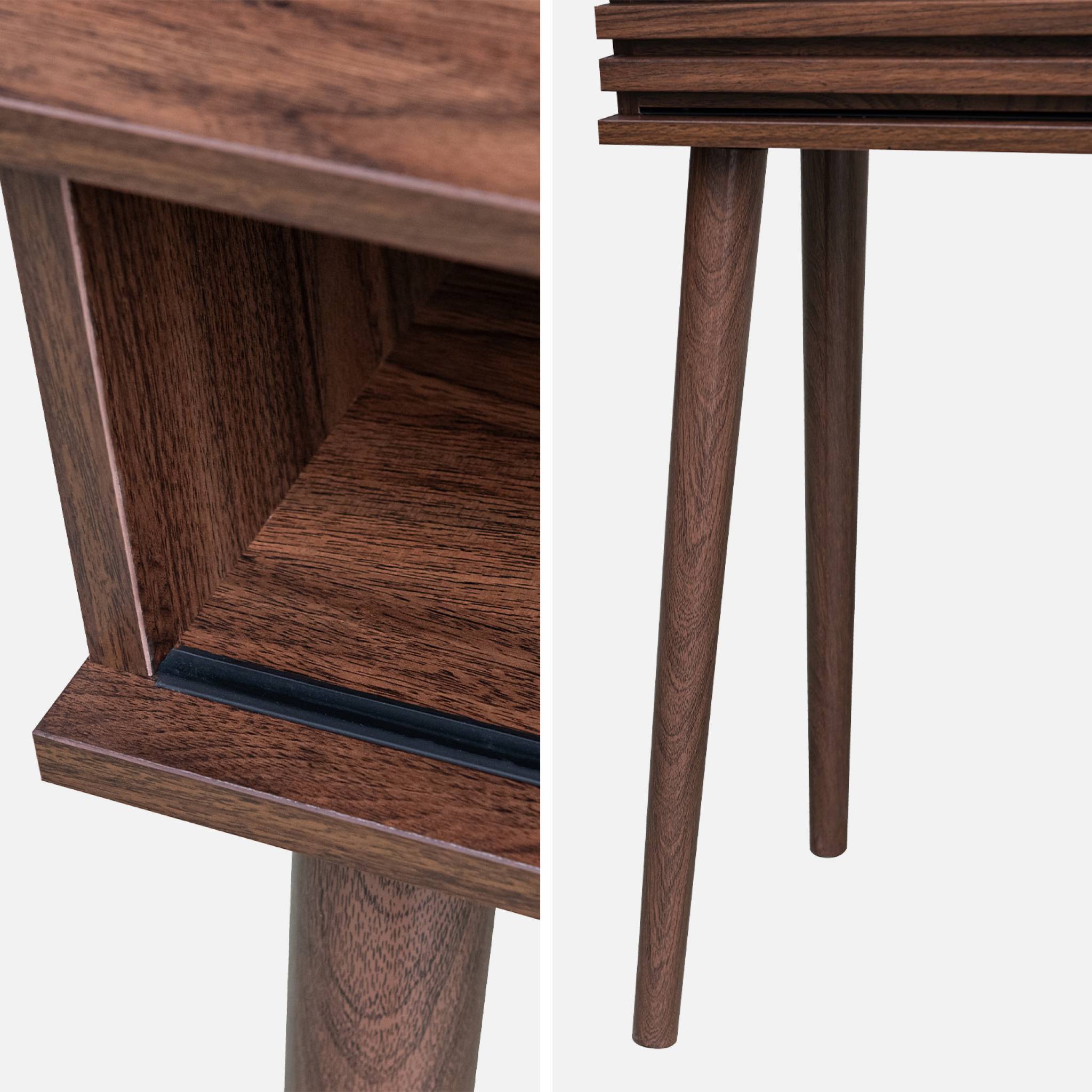 Console scandinave effet bois noyer avec 1 porte coulissante rainurée 2 niches de rangement