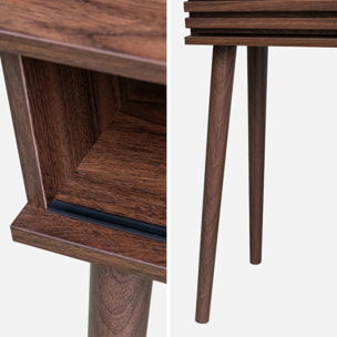 Console scandinave effet bois noyer avec 1 porte coulissante rainurée 2 niches de rangement