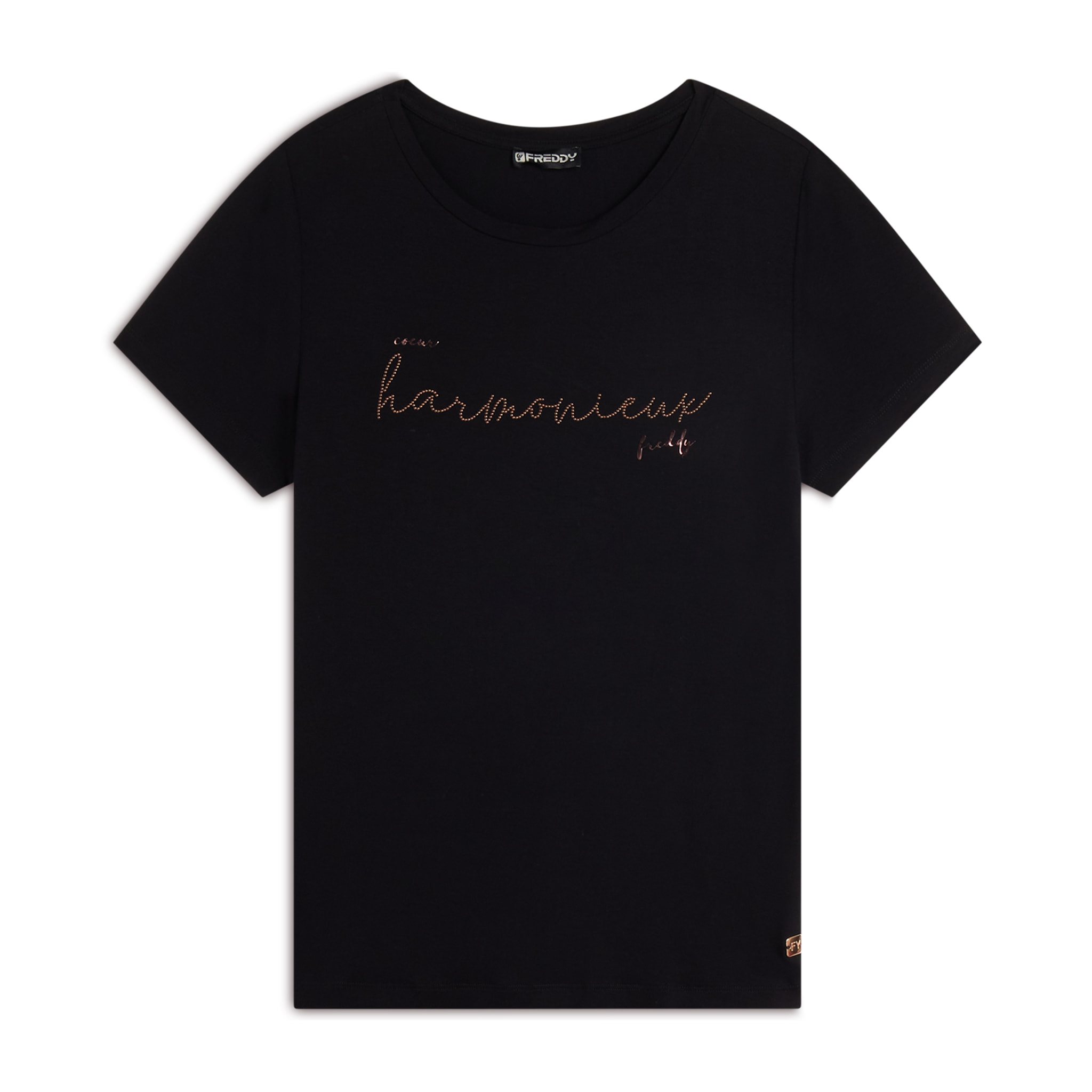 T-shirt donna in jersey viscosa scritta composta da borchie