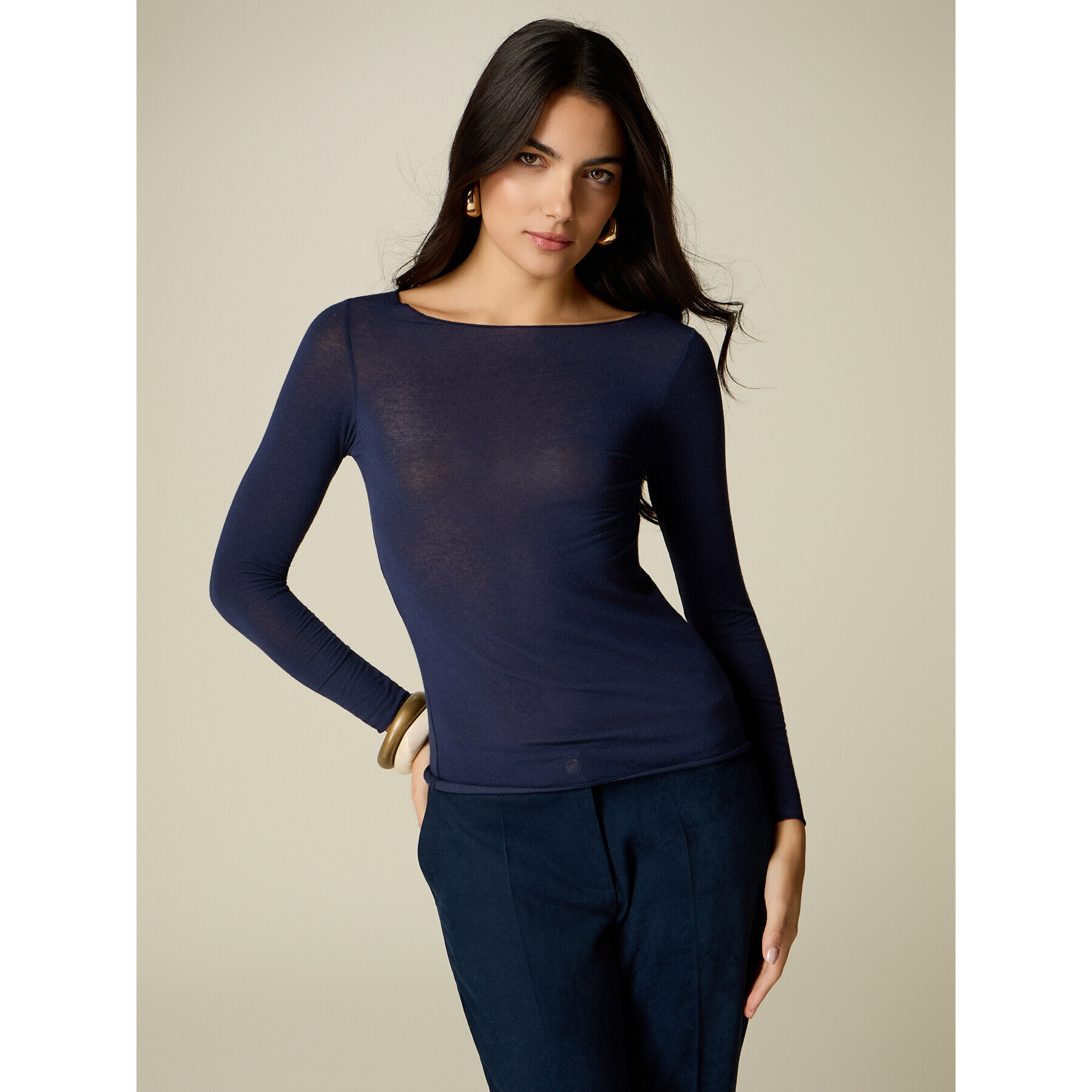 Oltre - T-shirt misto cashmere scollo a barchetta - Blu