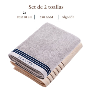 Set de 2 toallas de ducha (150x90), 100% algodón, 470 gsm, en colores gris y beige con raya marrón, scalpers home