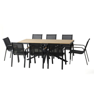Ensemble de jardin table 190cm effet bois + 8 fauteuils SODRE